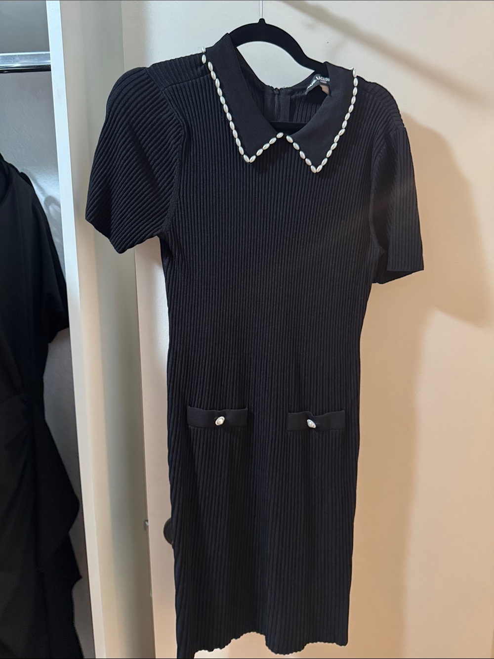 Karl Lagerfeld Black Ribbed Mini Dress with Pearl-Trim Collar